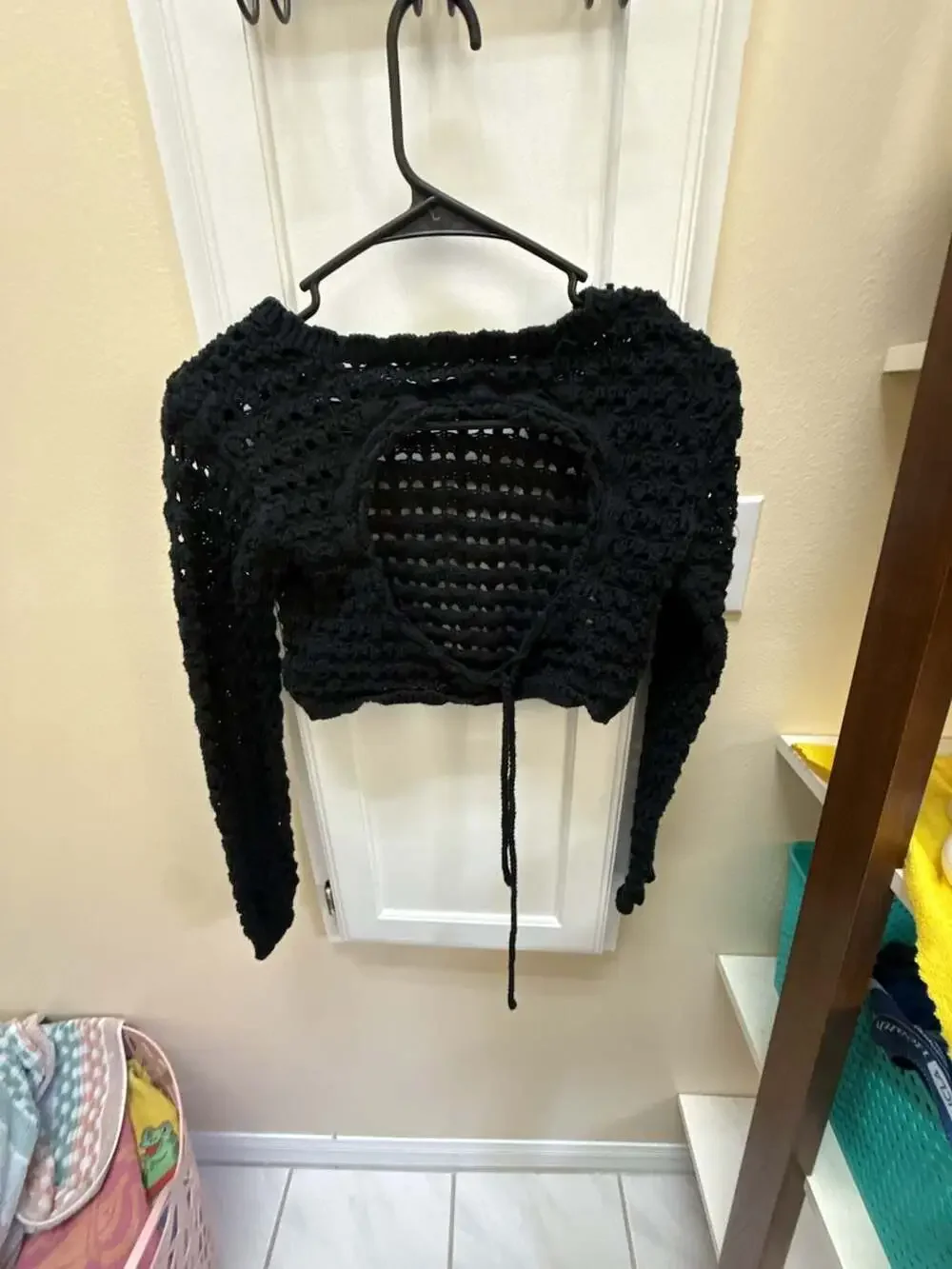 Free People FP Beach Black Open-Knit Crochet Cropped Sweater with Back Tie
